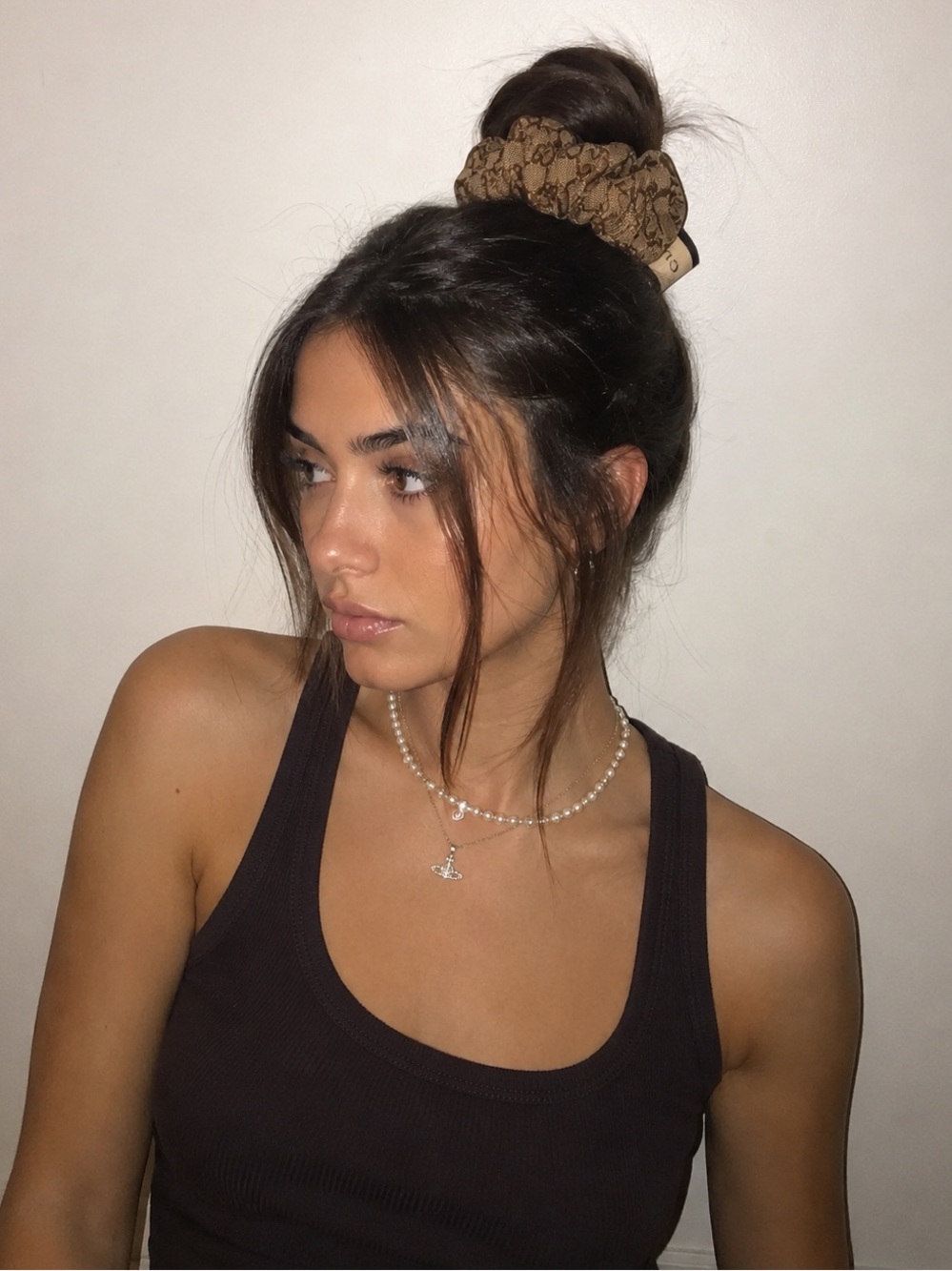 Scrunchie Gucci upcycled fabric Tan Logo Knit Scrunchie